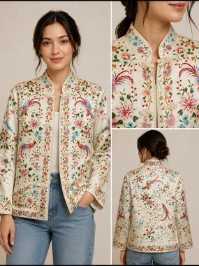 Vintage Plum Blossom Embroidered Silk Jacket Chinese Floral Bird Blazer Size 38